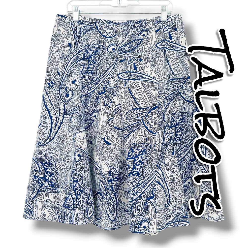 Talbots Paisley A-Line Skirt 12 Blue White Cotton Stretch Pleated Preppy Full